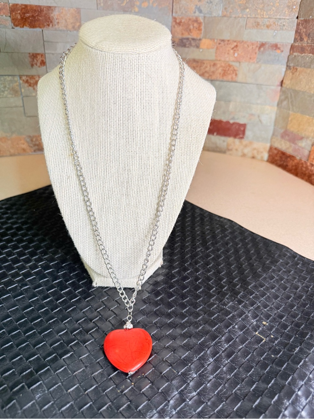 Homemade Bright Red Heart Pendant Necklace on Silver-tones Chain